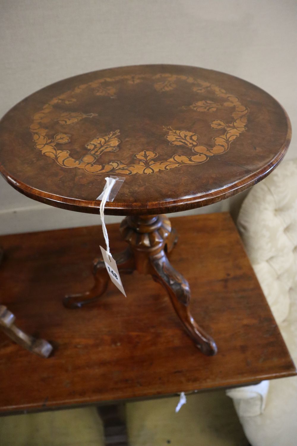 Three assorted Victorian walnut occasional tables, all reduced in height, largest diameter 53cm height 51cm